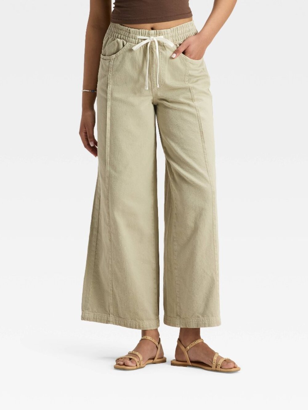 Denim Drawstring Wide Leg Beach Pant - Khaki Green M